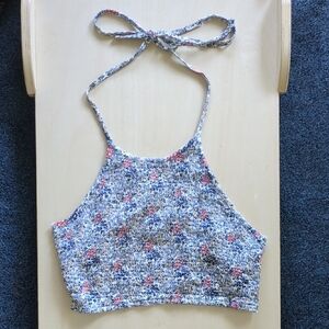 The Hanger Crop Tie Back Halter Top Floral Print With Smocking Size Medium